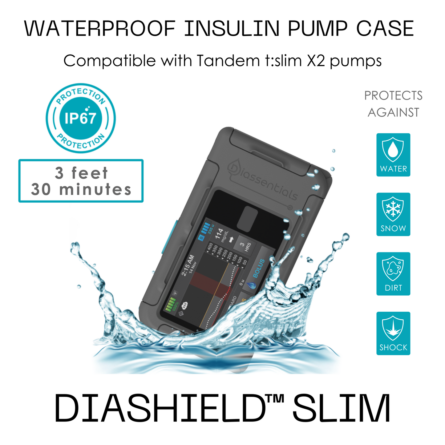 DiaShield-Slim. Waterproof Insulin Pump Case for Tandem t:slim X2 insulin pump. Insulin pump case with clip. Diabetes accessories. Insulin pump case for Tandem t:slim X2 insulin pump. Tandem t:slim X2 waterproof case.