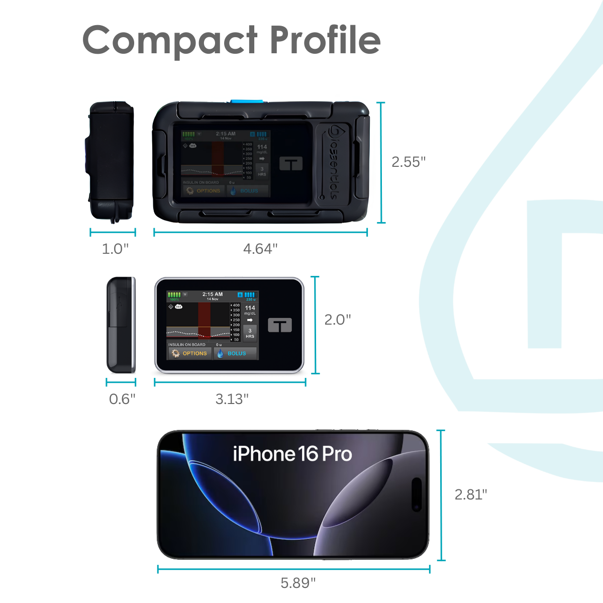 DiaShield-Slim Waterproof Case for Tandem t:slim X2. Black color. IpX7 rated case. Compact profile case. 