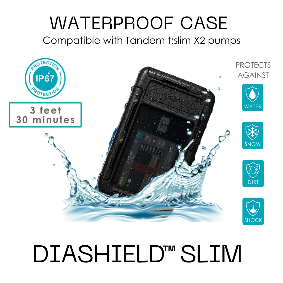 Waterproof case for Tandem t:slim X2, showing IP67 protection, water resistance, dust protection, drop protection.